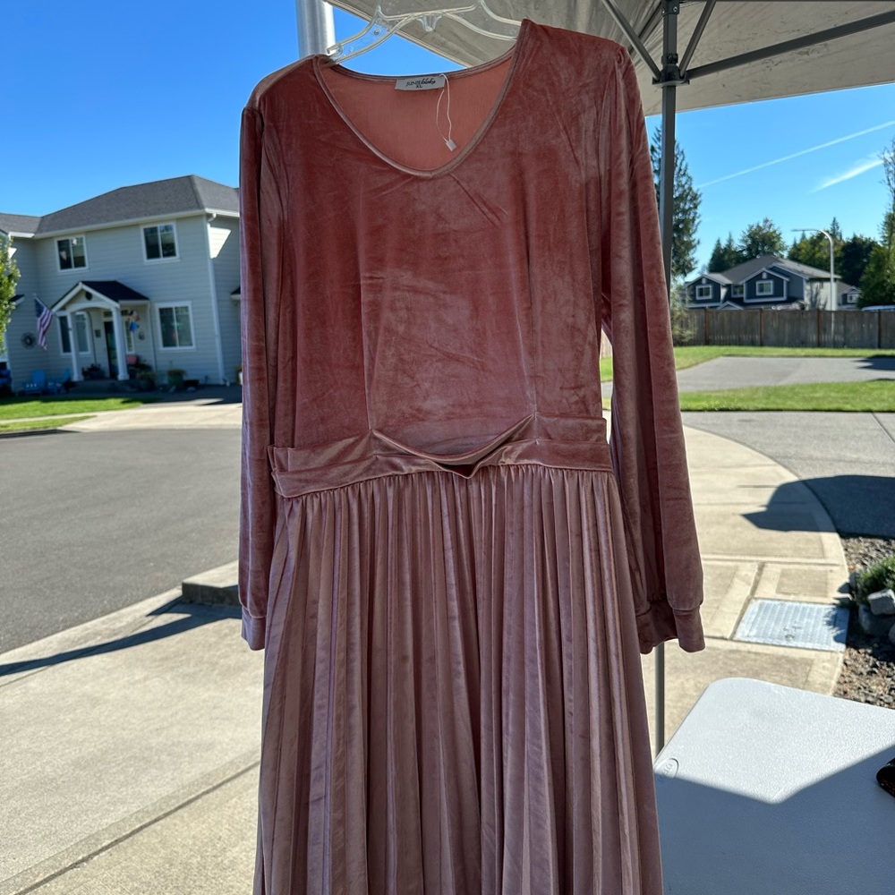 Red Pleated Long Sleeve V-Neck Sundress